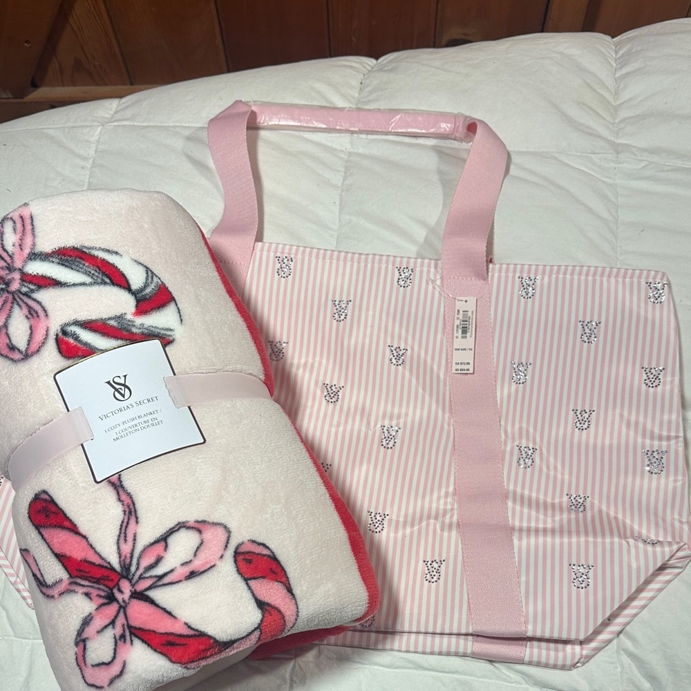 Victoria's Secret Pink Stripe Tote with Pink Candy Cane Throw